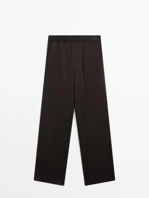 Satynowe Spodnie Z Szerokimi Nogawkami - Brązowy - - Massimo Dutti - Kobieta