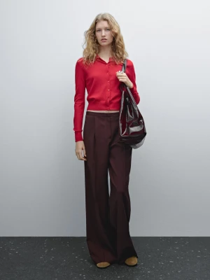 Satynowe Spodnie Ze 100% Wełny Z Zakładkami - Bordowy - - Massimo Dutti - Kobieta