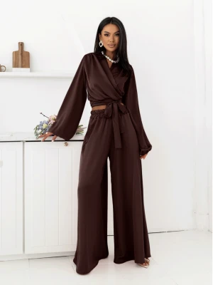Satynowy komplet z szerokimi spodniami TAITHI - czekoladowy  magmac 
