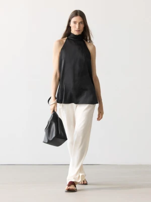 Satynowy Top Z Dekoltem Halter I Wiązaniem - Czarny - - Massimo Dutti - Kobieta