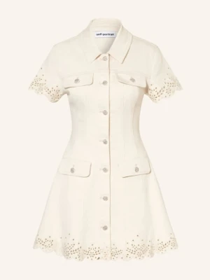 Self-Portrait Sukienka Jeansowa Z Koronką Z Dziurkami I Kamieniami Ozdobnymi beige