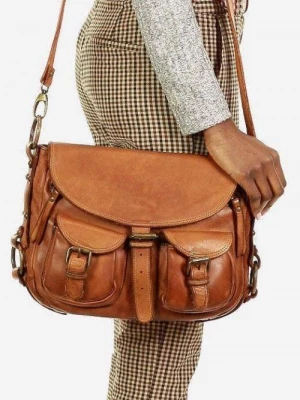 SERENELLA - Skórzana Włoska torebka listonoszka z kieszeniami handmade bag camel Merg