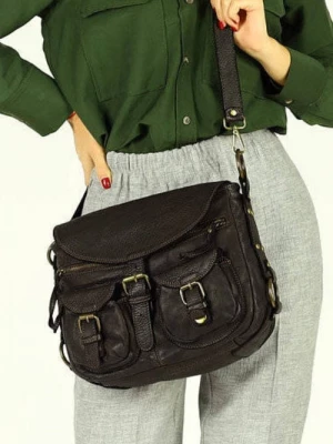 SERENELLA - Skórzana Włoska torebka listonoszka z kieszeniami handmade bag ciemny brąz caffe Merg