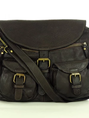 SERENELLA - Skórzana Włoska torebka listonoszka z kieszeniami handmade bag czarna Merg