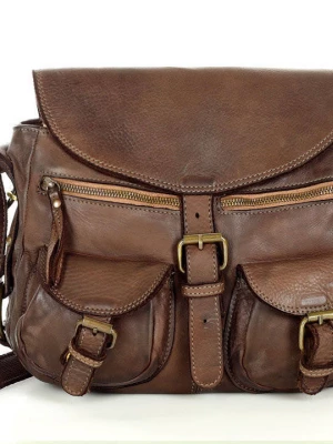 SERENELLA - Skórzana Włoska torebka listonoszka z kieszeniami ręcznie szyta bag brąz Merg