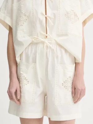 Sessun szorty bawełniane damskie kolor beżowy gładkie high waist 25206002