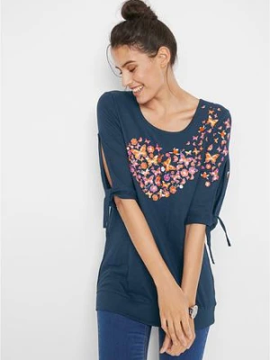 Shirt bawełniany cold-shoulder, krótki rękaw BonPrix niebieski
