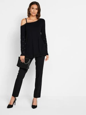 Shirt cold-shoulder z koronką i perełkami bonprix