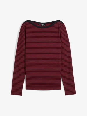 Shirt w prążek, z długim rękawem i dekoltem w łódkę BonPrix czerwony