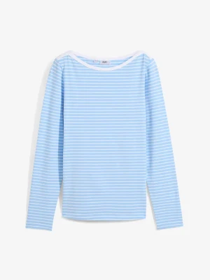 Shirt w prążek, z długim rękawem i dekoltem w łódkę BonPrix niebieski