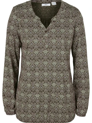 Shirt z długim rękawem, dekoltem henley i nadrukiem BonPrix zielony
