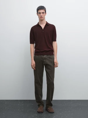 Short Sleeve Knitted Polo Shirt - Bordowy - - Massimo Dutti - Male