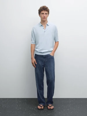 Short Sleeve Knitted Polo Shirt - Jasnoniebieski - - Massimo Dutti - Male