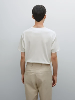 Short Sleeve Mercerised Cotton T-Shirt - Surowy - - Massimo Dutti - Mężczyzna