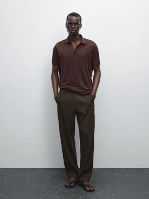 Short Sleeve Polo 100% Linen - Bordowy - - Massimo Dutti - Male