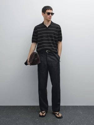 Short Sleeve Striped Cotton Polo Shirt - Granatowy - - Massimo Dutti - Male