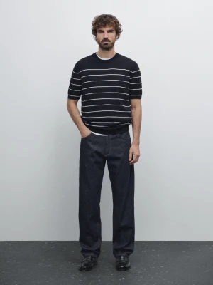 Dzianinowy Sweter W Paski Ze 100% Bawełny Z Krótkim Rękawem - Granatowy - - Massimo Dutti - Mężczyzna
