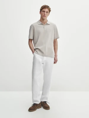 Short Sleeve Textured Cotton Polo Shirt - Beżowy - - Massimo Dutti - Mężczyzna