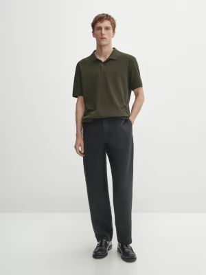 Short Sleeve Textured Cotton Polo Shirt - Średni Khaki - - Massimo Dutti - Mężczyzna