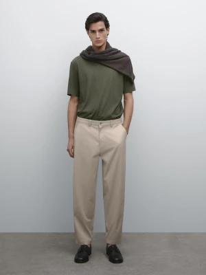 Short-Sleeved T-Shirt With Linen - Khaki - - Massimo Dutti - Mężczyzna