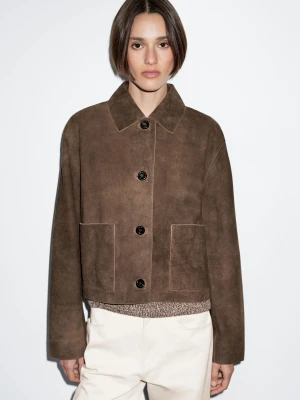 Short Suede Leather Jacket With Pocket Detail - Brązowy - - Massimo Dutti - Female