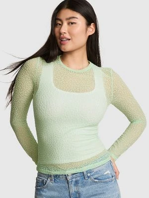 Siateczkowy t-shirt z nadrukiem w panterkę z długim rękawem Base Victoria's Secret