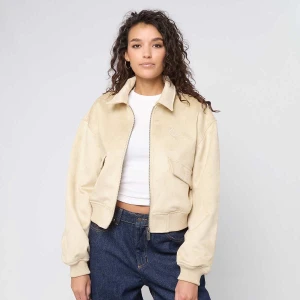 Signature Faux Suede Oversized Bomber Jacket Karl Kani beż