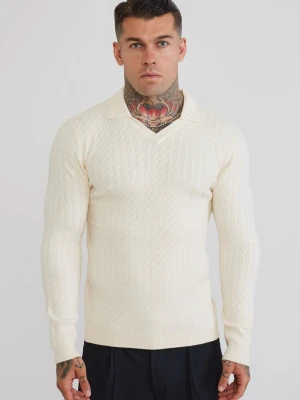 SikSilk Męska Ekru Długi Rękaw Dzianinowa Koszulka Polo Ecru
