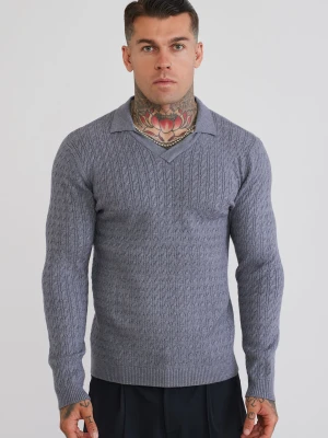 SikSilk Męska Szara Melanżowa Koszulka Polo z Długim Rękawem Dzianinowa