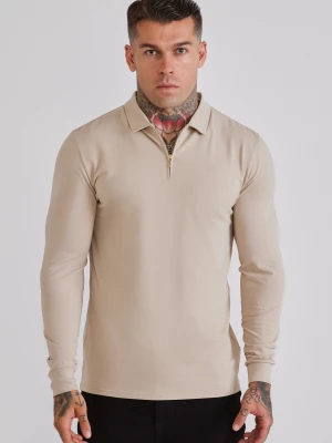 SikSilk Męska Beżowa Bluzka Polo z Długim Rękawem z Zamkiem Błyskawicznym z Dzianiny Jersey