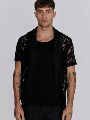 SikSilk Męska Czarna Koronkowa Koszula Resortowa