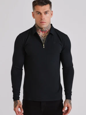 SikSilk Męska Czarna Koszulka Polo z Długim Rękawem z Zamkiem Błyskawicznym z Dzianiny Jersey