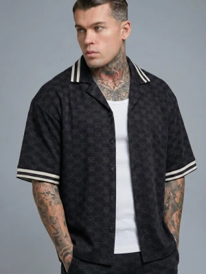 SikSilk Męska Czarna Monogramowa Koszula Resortowa