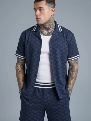 SikSilk Męska Granatowa Monogramowa Koszula Resortowa