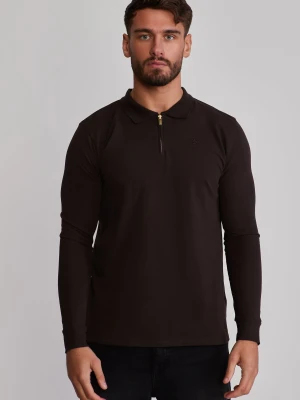 SikSilk Męski Brązowy LS Zip Polo T-Shirt