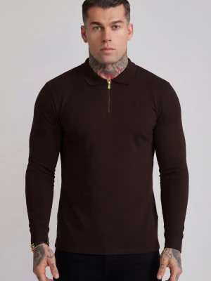 SikSilk Męski Brązowy LS Zip Polo T-Shirt