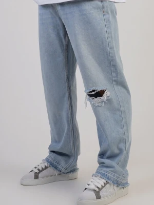 SikSilk Męskie Prane Jasnoniebieskie Postrzępione Jeansy o Luźnym Kroju
