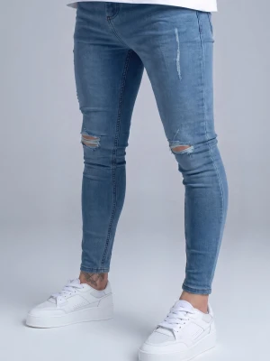 SikSilk Męskie Prane Niebieskie Postrzępione Skinny Jeansy