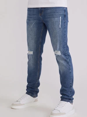 SikSilk Męskie Prane Średni Niebieski Postrzępione Jeansy Slim Fit