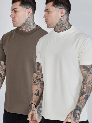 SikSilk Męskie T-Shirty w Kolorze Ecru Brązowym, Zestaw 2 Sztuk