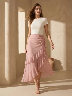 Sinsay - Asymetryczna spódnica midi z falbanami - różowy