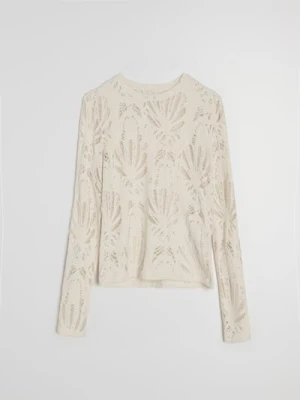 Sinsay - Ażurowa bluzka z długim rękawem - kremowy