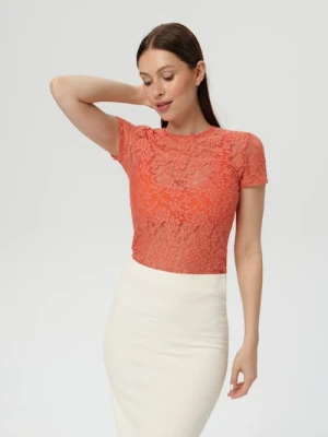 Sinsay - Ażurowa bluzka z krótkimi rękawami - koralowy