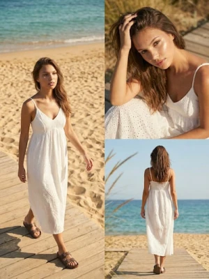 Sinsay - Ażurowa sukienka maxi na ramiączkach z bawełny - biały