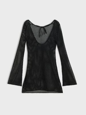 Sinsay - Ażurowa sukienka plażowa z długim rękawem - czarny