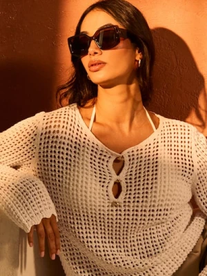 Sinsay - Ażurowy sweter z bawełny - kremowy