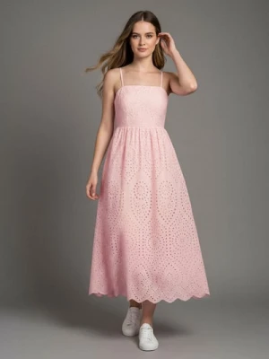 Sinsay - Bawełniana ażurowa sukienka midi - różowy