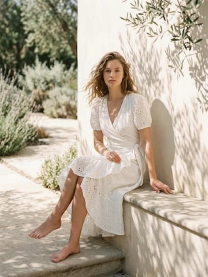 Sinsay - Bawełniana ażurowa sukienka midi z falbaną i wiązaniem - biały