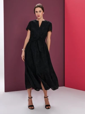 Sinsay - Bawełniana ażurowa sukienka midi z falbaną i wiązaniem - czarny