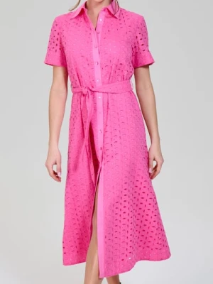 Sinsay - Bawełniana ażurowa sukienka midi z paskiem - różowy